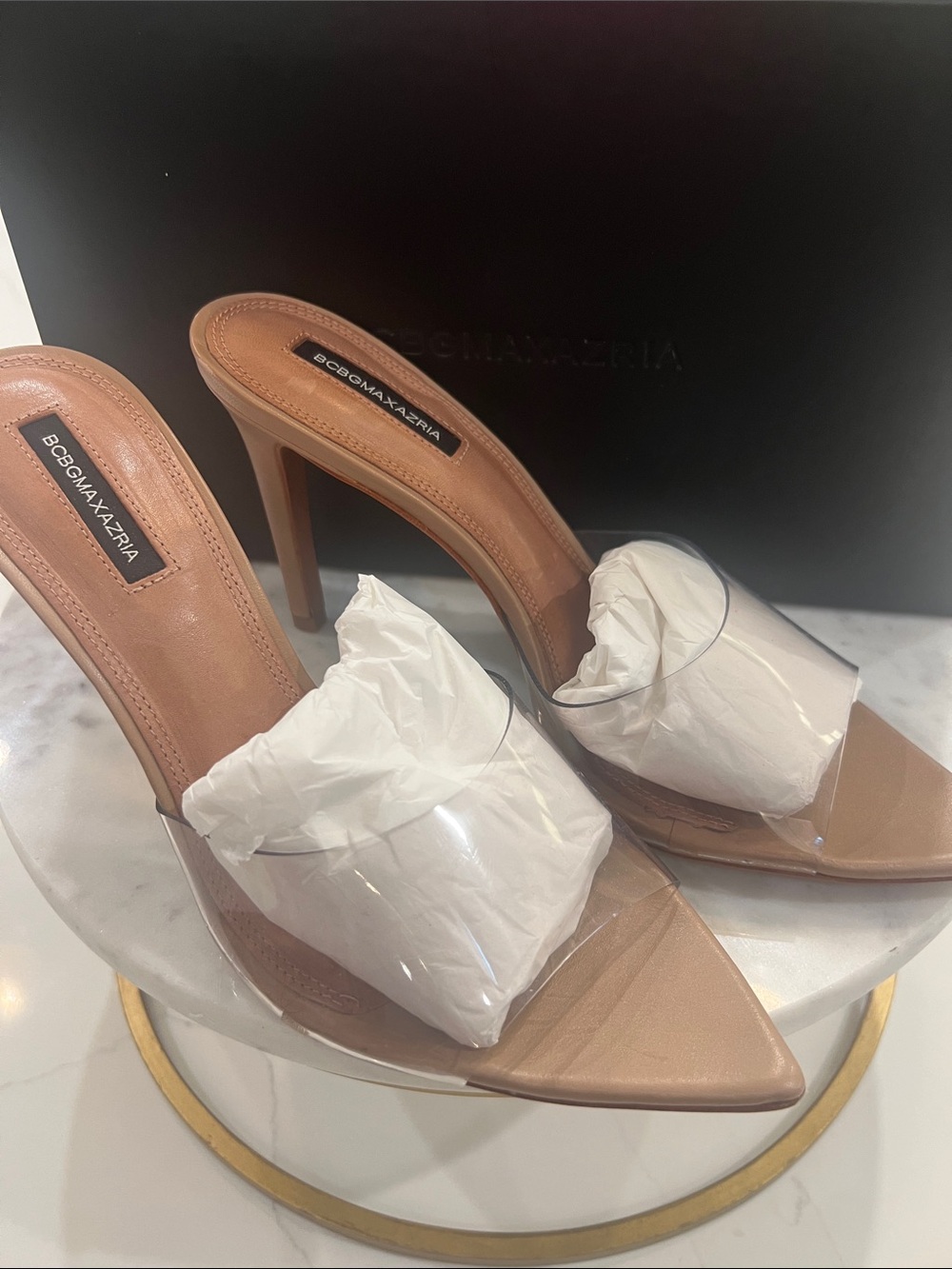 NEW in Box. BCBG MaxAzria Dana Vinyl Heel— Tan/Clear. Size 9
